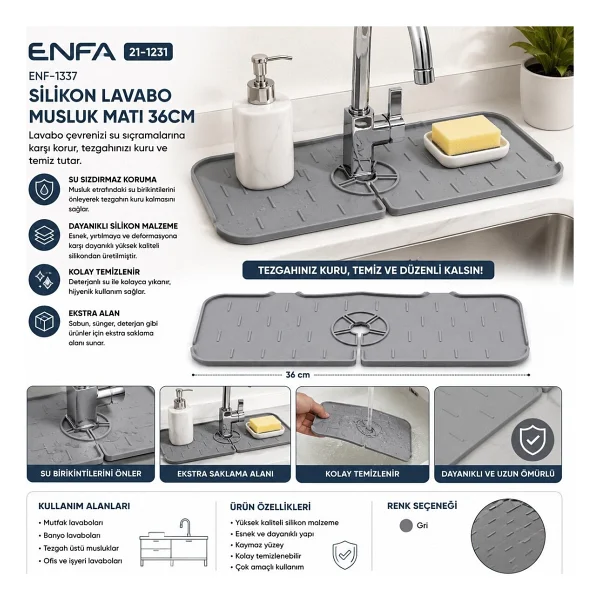 Enfa ENF-1337 Silikon Lavabo Musluk Matı 36CM - Görsel 2