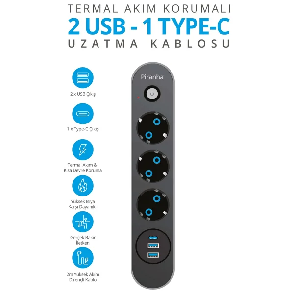 Piranha 45640 Akım Korumalı / 2 X USB - 1 X Type-C Girişli / 3'lü Priz Uzatma Kablosu - Görsel 4