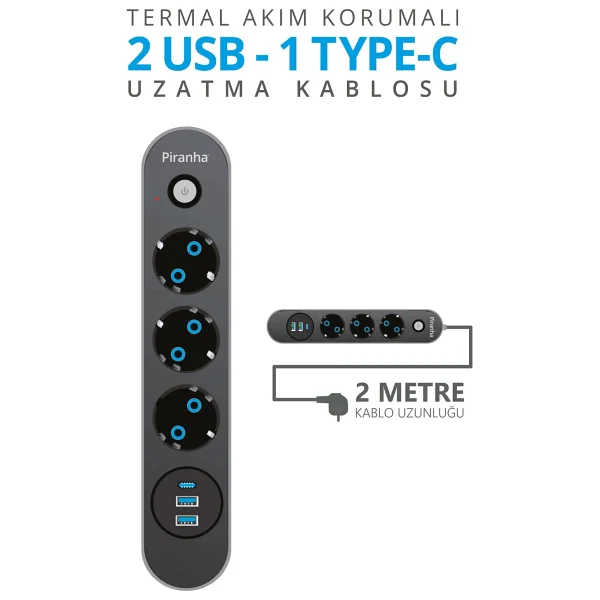Piranha 45640 Akım Korumalı / 2 X USB - 1 X Type-C Girişli / 3'lü Priz Uzatma Kablosu - Görsel 2