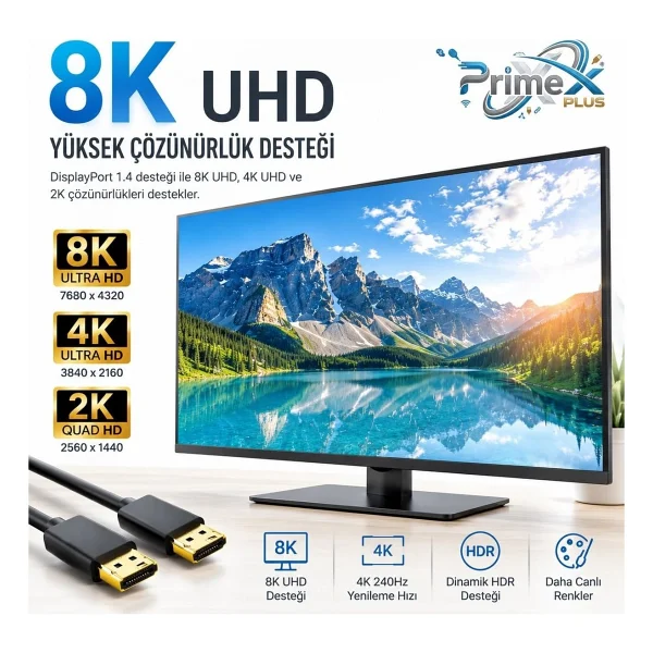 PrimeX PX-DP8K 1.5 m 8K DisplayPort Kablo - Görsel 3
