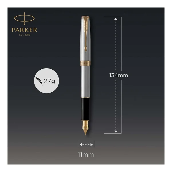 PARKER Sonnet Paslanmaz Çelik Altın Tasarımlı Dolma Kalem, Orta Kalınlıkta Uç, Mavi Mürekkep - Görsel 2