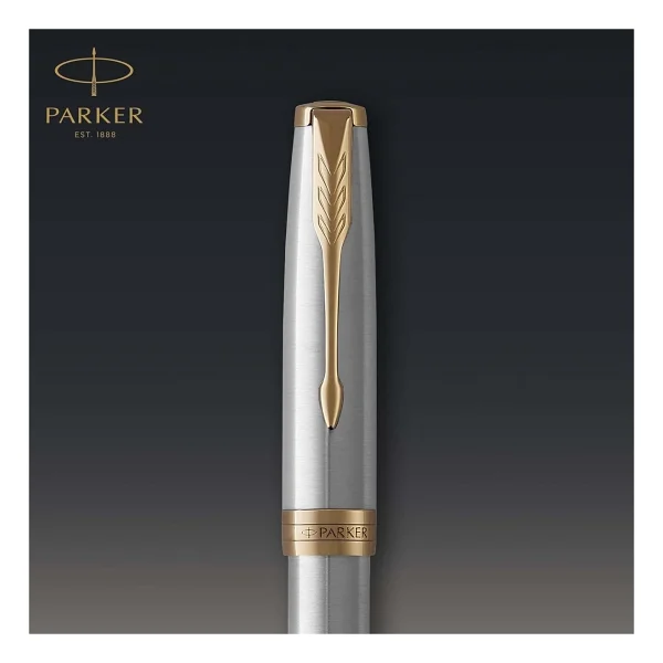 PARKER Sonnet Paslanmaz Çelik Altın Tasarımlı Dolma Kalem, Orta Kalınlıkta Uç, Mavi Mürekkep - Görsel 4