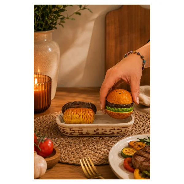 Porsima Mio-038 Hamburger Motifli 2li Standlı Tuzluk Biberlik Seti - Görsel 2
