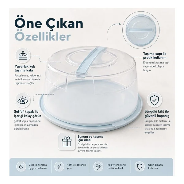Poomy Yuvarlak Kek Pasta Saklama ve Taşıma Kabı, Şeffaf Kapaklı Kilitli Kek Fanusu, Taşıma Saplı Pasta Koruma Kabı, Plastik Servis Kutusu - Görsel 3