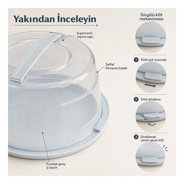 Poomy Yuvarlak Kek Pasta Saklama ve Taşıma Kabı, Şeffaf Kapaklı Kilitli Kek Fanusu, Taşıma Saplı Pasta Koruma Kabı, Plastik Servis Kutusu - Görsel 4