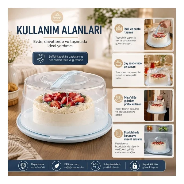 Poomy Yuvarlak Kek Pasta Saklama ve Taşıma Kabı, Şeffaf Kapaklı Kilitli Kek Fanusu, Taşıma Saplı Pasta Koruma Kabı, Plastik Servis Kutusu - Görsel 5