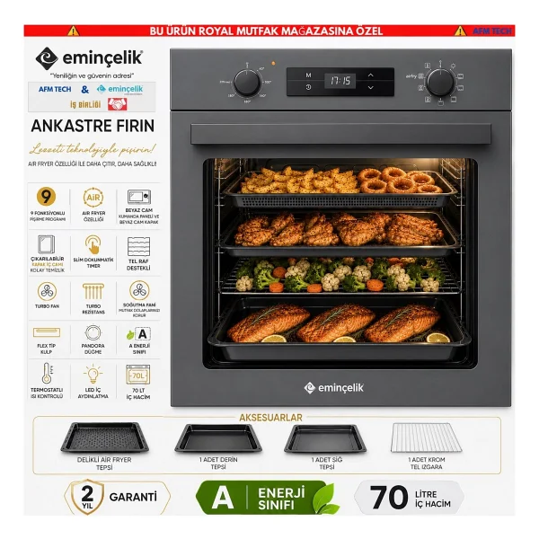Eminçelik Ve Afm Marka G1 Airfryer Dijital Cam Antrasit-Gri Ankastre Set Af 2190G +Fm2210+ Fm3409 - Görsel 2