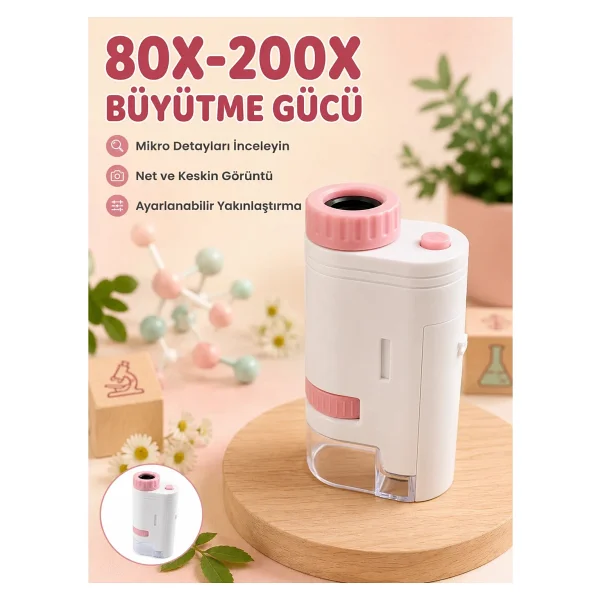 Eğitici Taşınabilir Mikroskop Ayarlanabilir Focus, Led Işık Ve 80x-200x Yakınlaştırma - Görsel 6