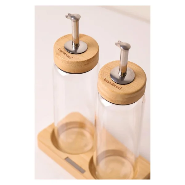 Bambu Kapaklı Cam Yağlık & Sirkelik Seti - 2'li Standlı 300ML - Şeffaf - 300 ml - Görsel 2