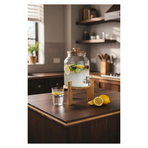 Bambum Fuente - Bambu Kapak ve Standlı Cam Sebil 3l - Şeffaf - 3 lt - Görsel 3