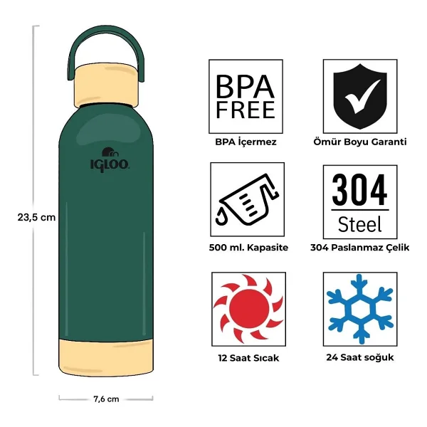 Igloo Hydrate Pro Yeşil 500 ml Çelik Termos - Görsel 10