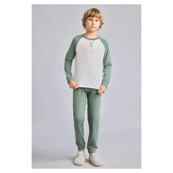 DeFacto %100 Pamuk Bisiklet Yaka Reglan Uzun Kollu Üst Lastik Paça Alt 2'li Pijama Takımı Erkek Çocuk I1443A826AU - Haki-KH458 - 13 - 14 Yaş - Görsel 2