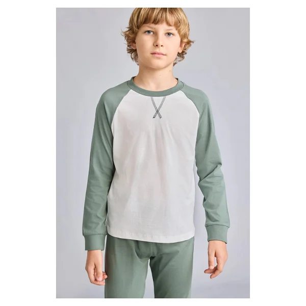 DeFacto %100 Pamuk Bisiklet Yaka Reglan Uzun Kollu Üst Lastik Paça Alt 2'li Pijama Takımı Erkek Çocuk I1443A826AU - Haki-KH458 - 13 - 14 Yaş - Görsel 3
