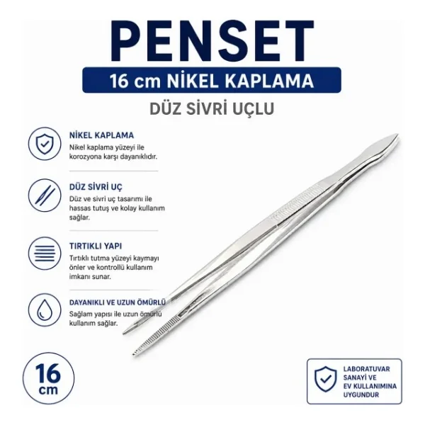 Labolist Penset Düz Sivri Uçlu 16 cm Nikel Kaplama - Görsel 7
