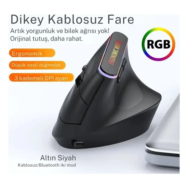 Techtic Kablosuz Oyuncu Mouse Bilek Destekli Ergonomik Dikey Mouse Vertical Mouse Fare Gamer 1600 Dpı - Siyah - Görsel 2