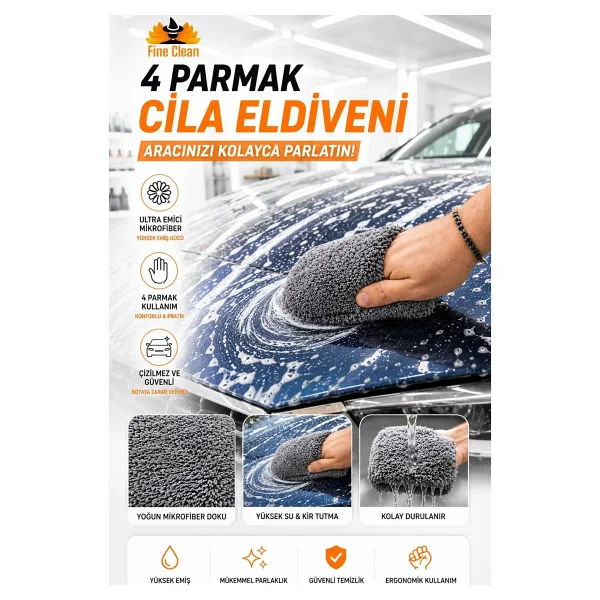 Fine Clean 4 Parmak Mikrofiber Pasta Cila Eldiveni Oto Yıkama Temizleme - Görsel 10