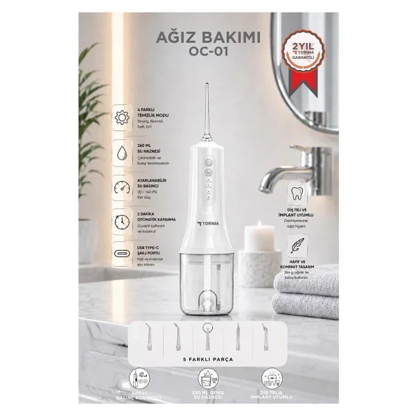 Torima Dijital Ekranlı Şarjlı Ağız Duşu 4 Modlu Taşınabilir Ağız Bakım Cihazı OC01 Siyah - Görsel 6