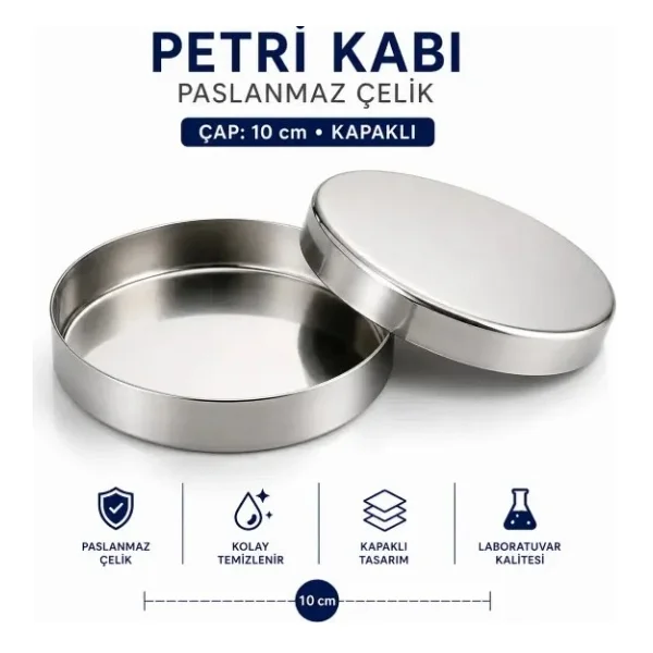Labolist Petri Kabı Paslanmaz Çap 10 cm Kapaklı - Görsel 7