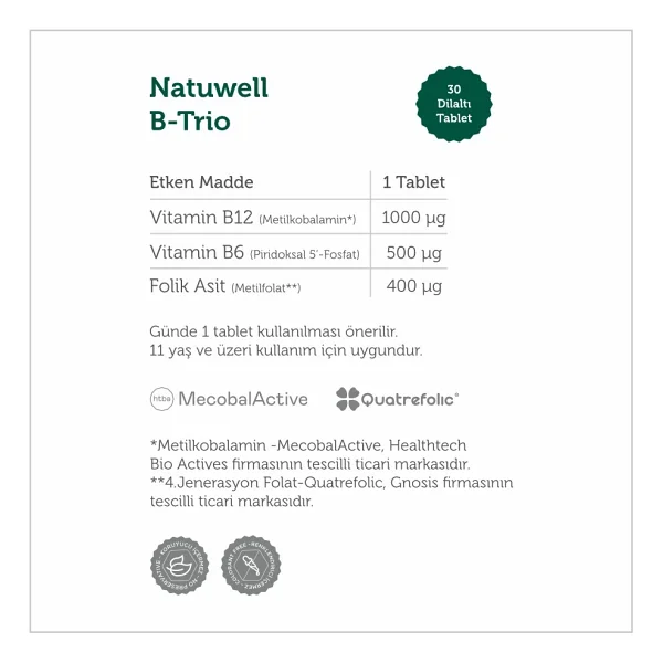 Natuwell B-Trio Metilfolat 30 Dil Altı Tablet - Görsel 3
