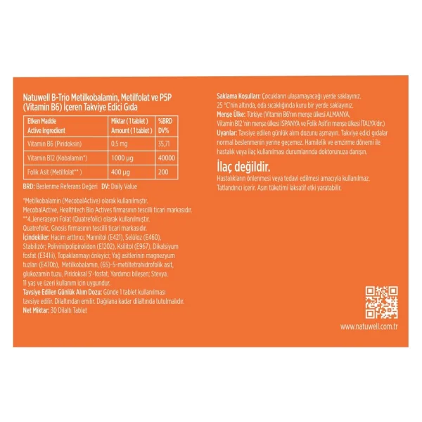 Natuwell B-Trio Metilfolat 30 Dil Altı Tablet - Görsel 4