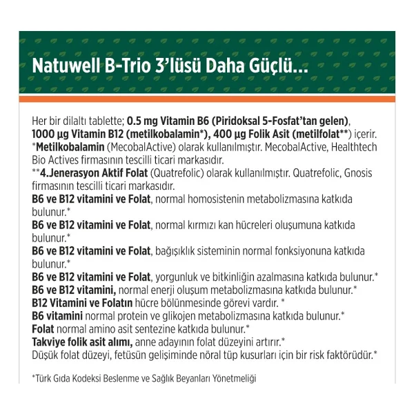 Natuwell B-Trio Metilfolat 30 Dil Altı Tablet - Görsel 5