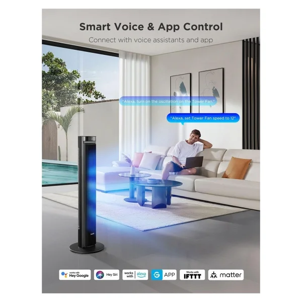 42 Inç Sessiz Akıllı Kule Vantilatör, 12 Hız, Wifi, Alexa, Uzaktan Kumanda - Siyah - Görsel 2