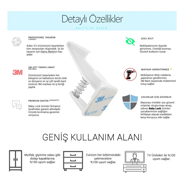 Baby Lock 5 Adet Bebek Çocuk Çekmece Dolap Güvenlik Kilidi Gizli Kilit - Görsel 6