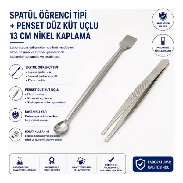 Labolist Spatül Öğrenci Tipi + Penset Düz Küt Uçlu 13 Cm Nikel Kaplama - Görsel 6