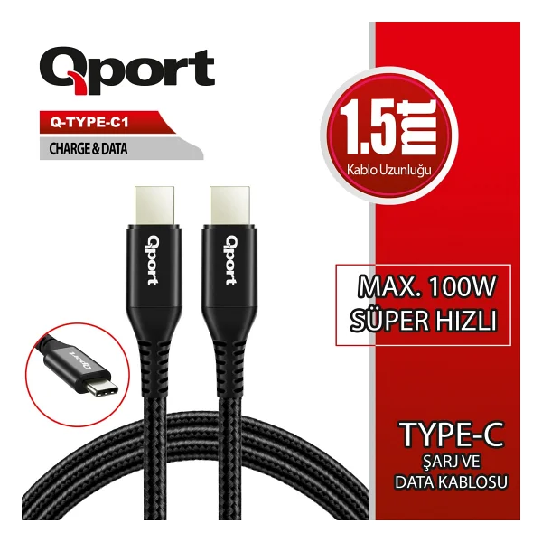 Qport Q-Type-C1 1.5M Type-C 100W Super Hızlı Pd Sarj Ve Data Kablosu - Görsel 3