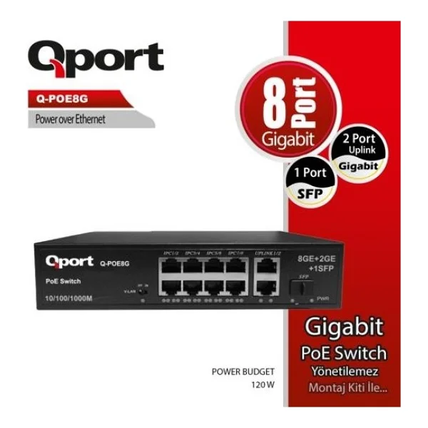 Qport Q-POE8G 8 Port 10/100/1000 8 Port PoE 2 Port Uplink 120W Yonetilemez Desktop Switch - Görsel 4