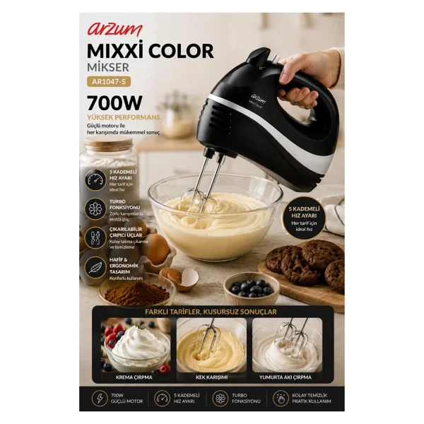 Arzum AR1047-S Mixxi Color Siyah 700 W Mikser - Görsel 2