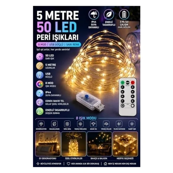 5 Metre SARI 50 LED Işıklar Peri Işıkları 8 MOD RGB Işıkları USB SARI Renkli Işık Peri Dize Işıkları Tel Fonksiyonlu Süsleme İnce Telli Aydınlatmalı Şerit Led Yılbaşı Işık Yılbaşı Süsü - Görsel 3