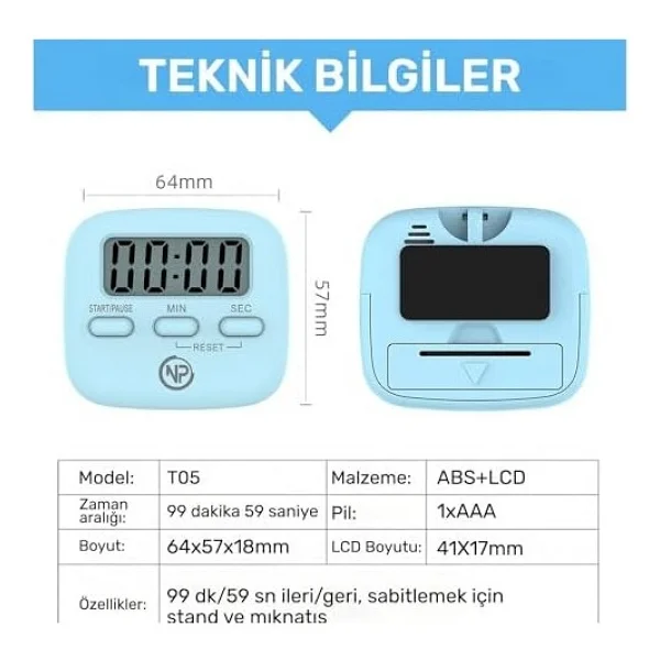NPT05M Mutfak,ders,yemek Için 99:59DK Dijital Alarm Kronometre,pomodoro Öğrenci Motivasyon Saati - Görsel 2