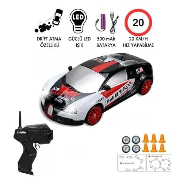 1:24 Ölçek Oyuncak 4x4 Uzaktan Kumandalı 20 KM/H Hız Drift Için Üretilmiş Şarjlı Araba Rc Yarış Arabası Full Fonksiyon Parkur Dubaları Ve Drift Tekerleri 500 Mah Batarya (Siyah Spor) - Görsel 3