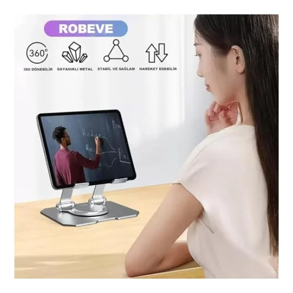 ROBEVE Tablet Standı 360 Derece Dönebilen Tablet Stand Katlanabilir Metal Tablet Tutucu Standı Tablet ve Telefon Tutucu Stant Tablet Tutucu Metal (Metalik Gri) - Görsel 3