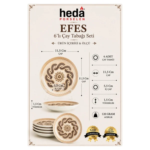 Heda Porselen Efes 12 cm 6'lı Porselen Çay Tabağı - Görsel 5