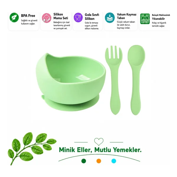 Jojo Jojobebek Vakumlu Silikon Mama Kasesi, Altı Vakumlu Mama Kasesi, Silikon Kaşık ve Çatal / Yeşil - Görsel 6