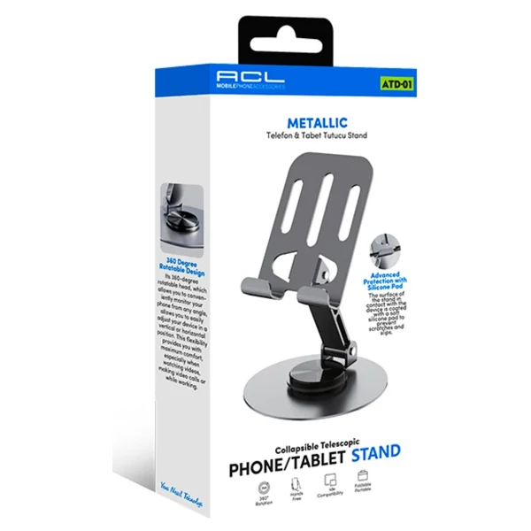 ACL Metalik Telefon Ve Tablet Tutucu Stand - Atd-01 360 Derece Dönen, Katlanabilir Ve Silikon Koru - Görsel 3