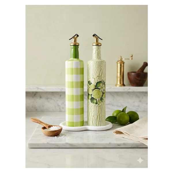 Mes Reves Büyük boy 2'li Cam Yağdanlık Sirkelik Seti 750 ml - El Yapımı Limon Ve Damalı Desenli Lacivert Set - Görsel 7