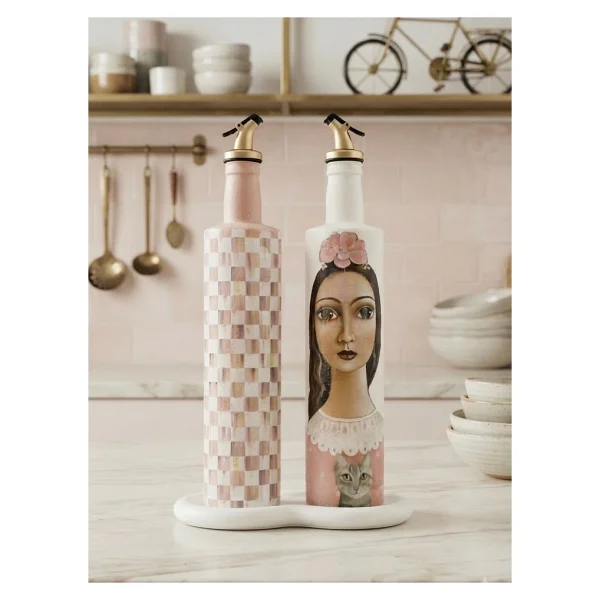 Mes Reves Büyük boy 2'li Cam Yağdanlık Sirkelik Seti 750 ml - El Yapımı Limon Ve Damalı Desenli Lacivert Set - Görsel 9