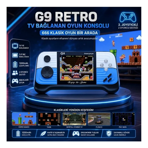 Schitec G9 Retro 3.0 İnc Tv Baglanan 2.Joystickli Oyun Konsolu Mavi (666 Klasik Oyunlar) - Görsel 5