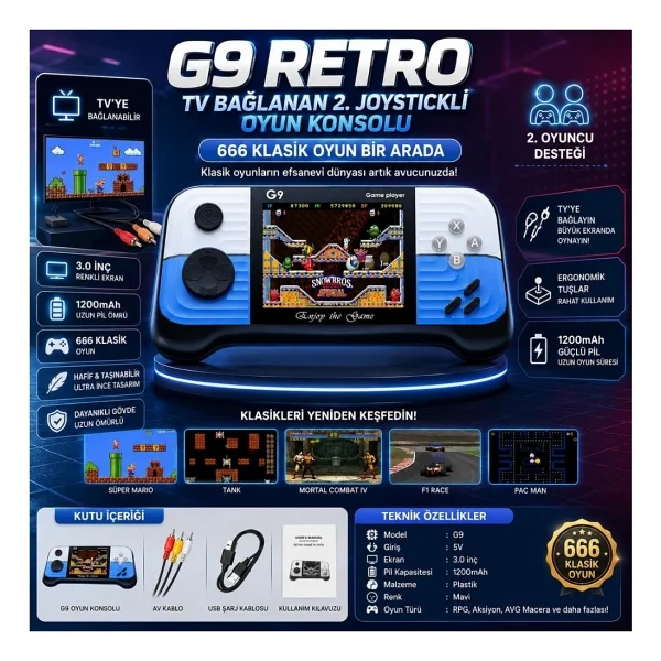 Schitec G9 Retro 3.0 İnc Tv Baglanan 2.Joystickli Oyun Konsolu Mavi (666 Klasik Oyunlar) - Görsel 2