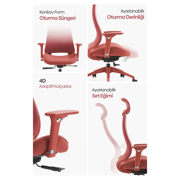 Karr Office Lizbon Ergonomik Kırmızı Çalışma Koltuğu - Görsel 4