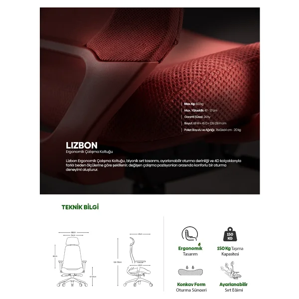 Karr Office Lizbon Ergonomik Kırmızı Çalışma Koltuğu - Görsel 8