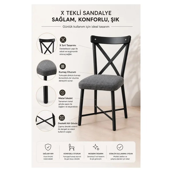 x Sandalye Tekli Mutfak, Balkon, Çalışma Sandalyesi - Siyah - Görsel 3