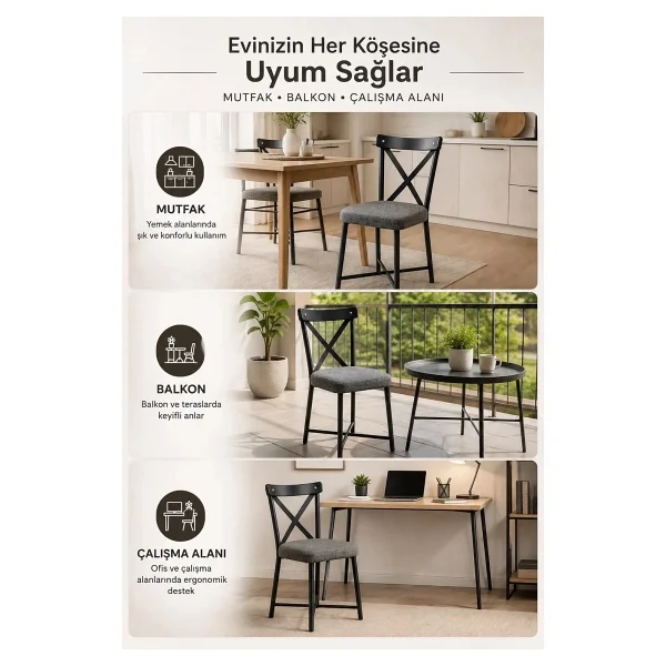 x Sandalye Tekli Mutfak, Balkon, Çalışma Sandalyesi - Siyah - Görsel 4