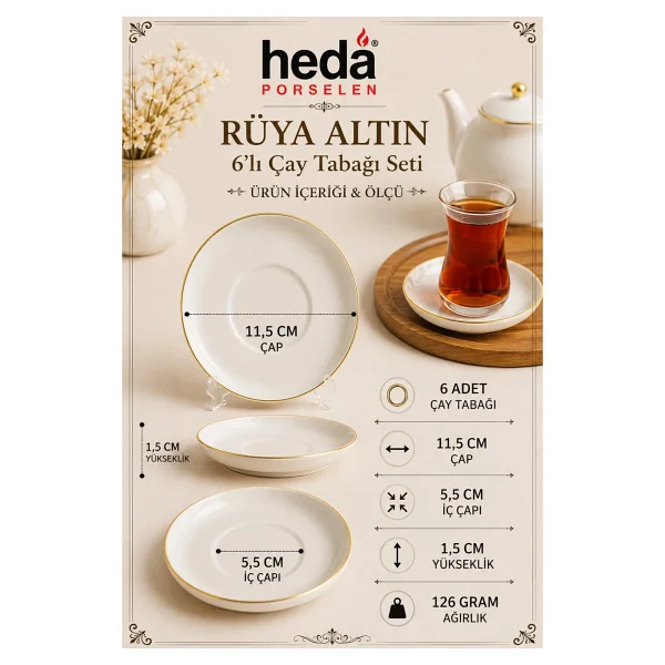 Heda Porselen Rüya Altın Yaldızlı 6'lı Porselen Çay Tabağı - Görsel 2