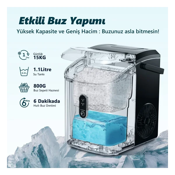 Euhomy Nugget (Granül) Taşınabilir Buz Makinesi, Otomatik Temizleme, Hızlı Buz Yapma, IM002 - Siyah - Görsel 3