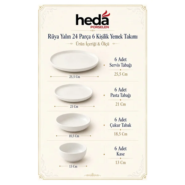 Heda Porselen Rüya 24 Parça 6 Kişilik Yemek Takımı - Görsel 5