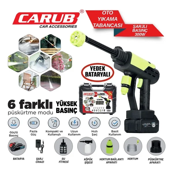 Carub Oto Yıkama Tabancası Şarjlı 300W Yedek Bataryalı BR0922545 - 0,25 kg - Görsel 2